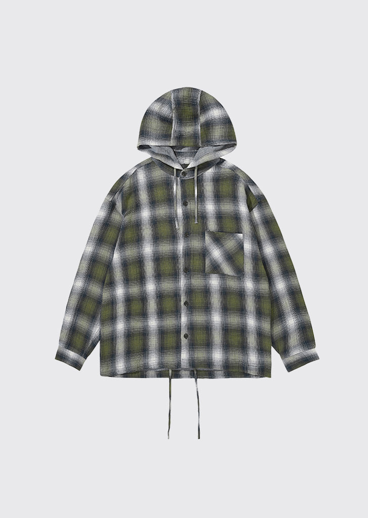 Double face loosed check hooded shirts GREEN