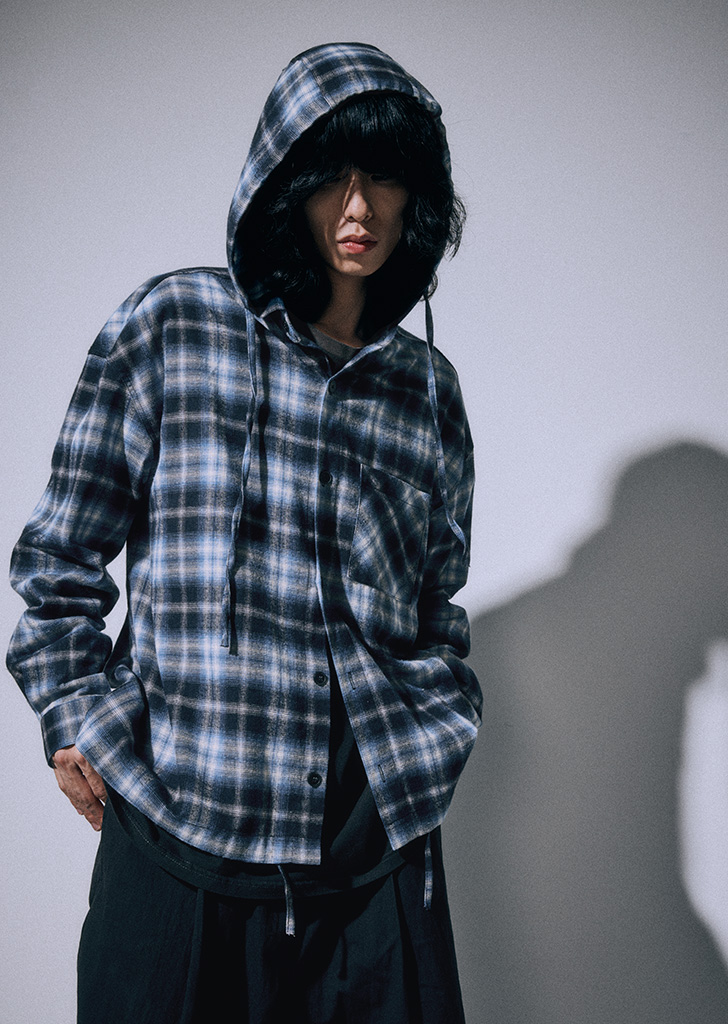 Obscure loosed check hooded shirts BLUE