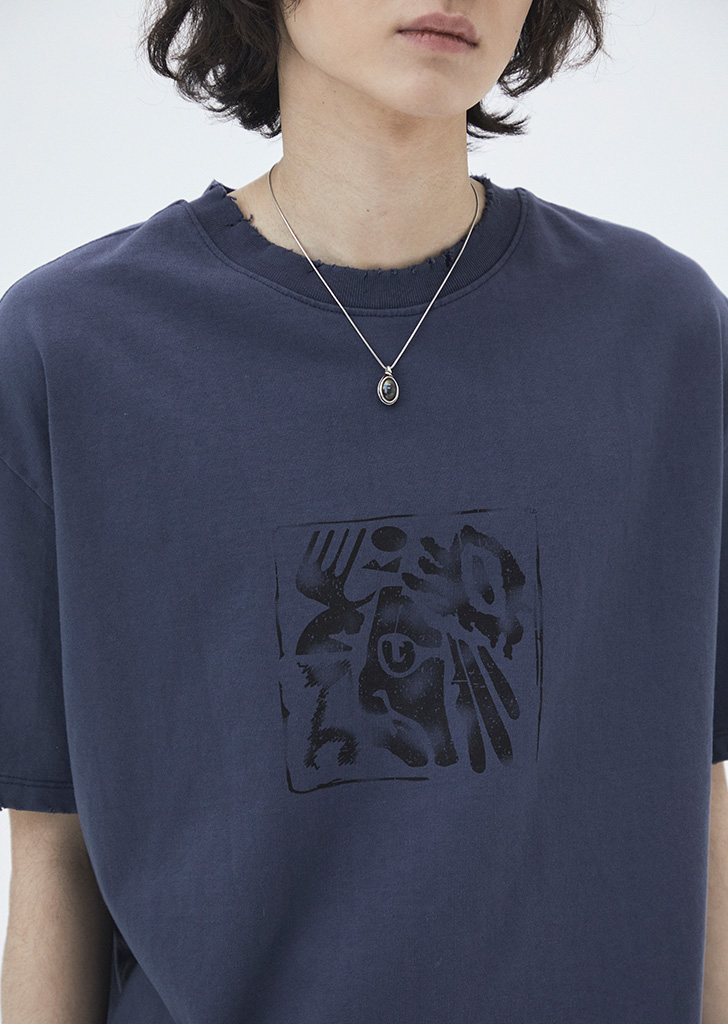 Aztecs stamp destroyed half sleeves T-shirts  Vintage Blue