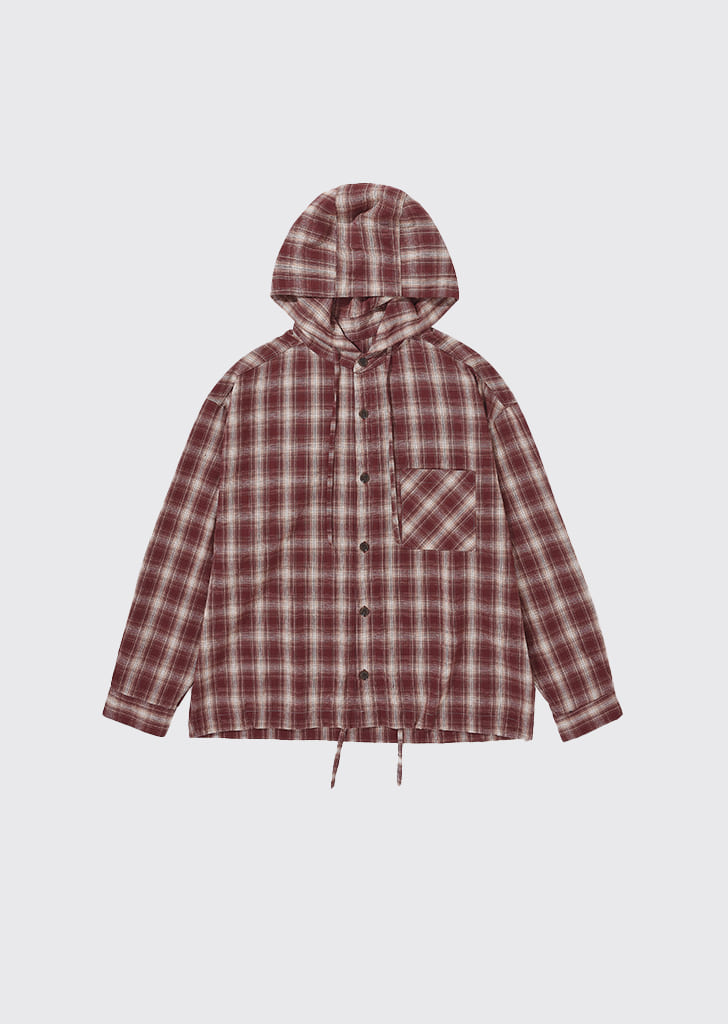 Plaid loosed check hooded shirts RED
