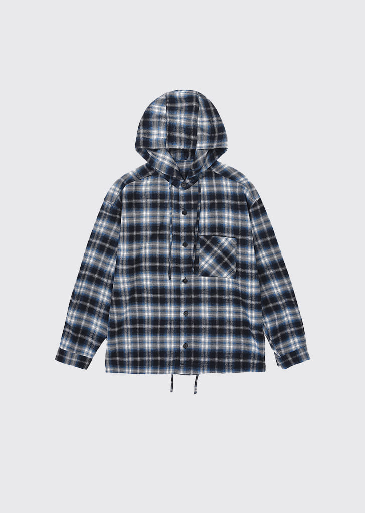 Obscure loosed check hooded shirts BLUE