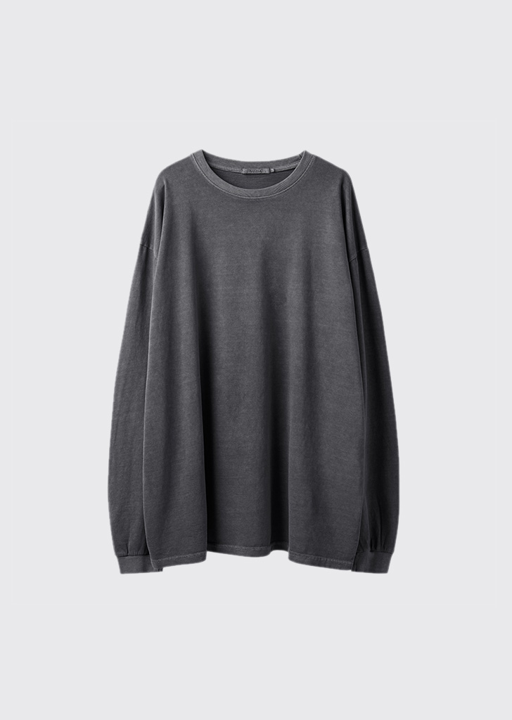 Pigment washed round neck long sleeve Charcoal